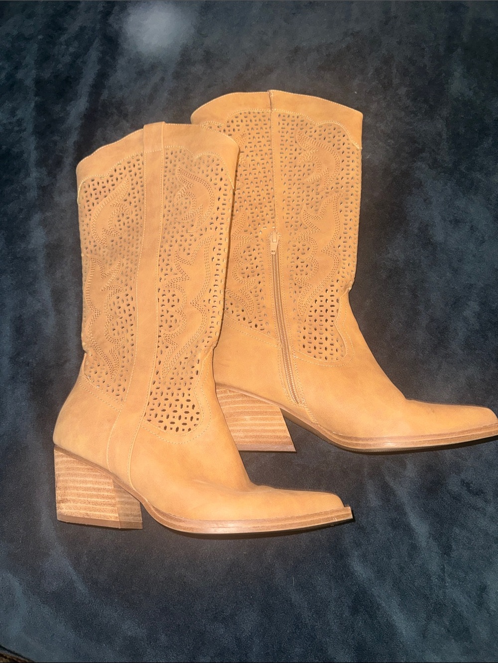 Dolce Vita Tan Suede Laser-Cut Mid-Calf Boots